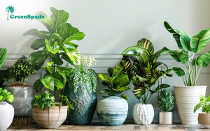 Beautiful indoor plants arranged in decorative pots along the wall